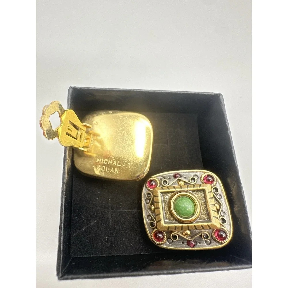 Vintage Michal Golan Statement Earrings Green Red Jeweled Gold Tone Signed
